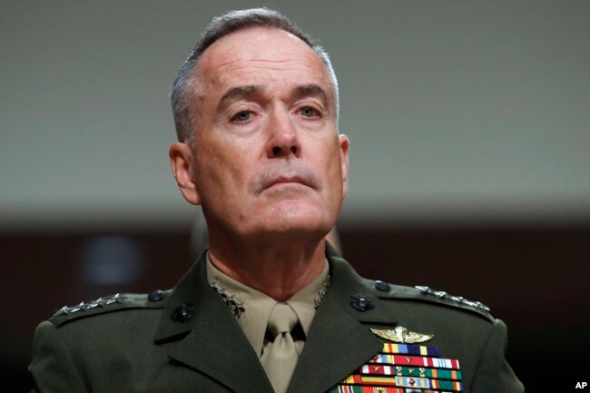 FILE - Joint Chiefs Chairman Gen. Joseph Dunford listens on Capitol Hill in Washington, June 13, 2017.