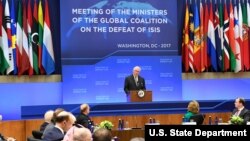 U.S. Secretary of State Rex Tillerson delivers opening remarks at the Meeting of the Ministers of the Global Coalition on the Defeat of ISIS at the U.S. Department of State in Washington, D.C., March 22, 2017.