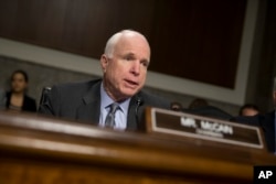 FILE - Senate Armed Services Committee Chairman Sen. John McCain, R-Ariz., speaks on Capitol Hill in Washington, Feb. 9, 2016.
