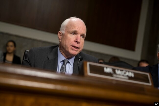 FILE - Senate Armed Services Committee Chairman Sen. John McCain, R-Ariz., speaks on Capitol Hill in Washington, Feb. 9, 2016.