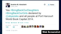 A screengrab of Ibrahim Abdullahi's tweet, which first used #BringBackOurGirls.