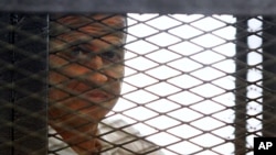 Al Jazeera journalist Peter Greste looks out from the defendant's cage during a sentencing hearing in a courtroom in Cairo, Egypt, June 23, 2014. 