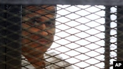 Al Jazeera journalist Peter Greste looks out from the defendant's cage during a sentencing hearing in a courtroom in Cairo, Egypt, June 23, 2014. 