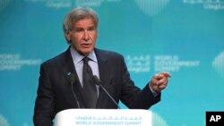 American actor Harrison Ford speaks about ocean conservation at the World Government Summit in Dubai, UAE, Feb. 12, 2019. Ford offered an emphatic plea for protecting the world's oceans while calling out U.S. President Donald Trump and others who "deny or denigrate science." 