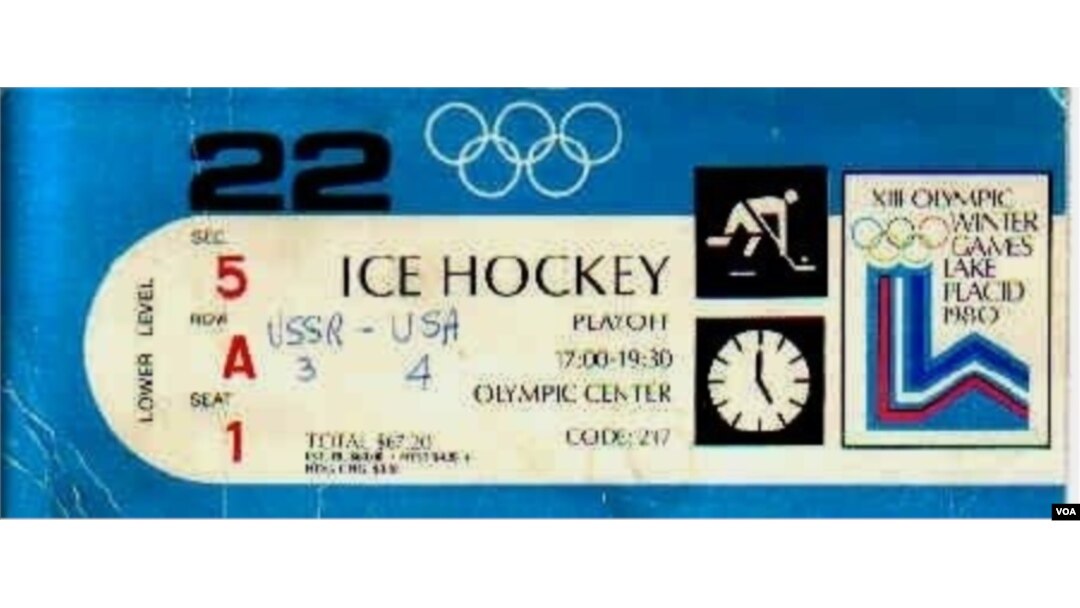 A ticket stub from the "Miracle on Ice" with a hand-written final score, February 22, 1980.(S. Springer/VOA)