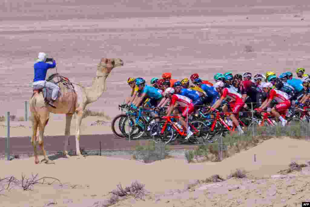 The pack rides during the third stage of the UAE Cycling Tour from al-Maroom to Jebel Hafeet, Feb. 24, 2020.