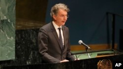 크리스토프 휴스켄 유엔 주재 독일 대사가 지난 1월 뉴욕 유엔 본사에서 열린 홀로코스트 기념 행사에서 연설하고 있다. 