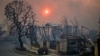 The sun is seen behind smoke above charred structures and vehicles after the passage of the Palisades Fire in Pacific Palisades, California, Jan. 8, 2025. 