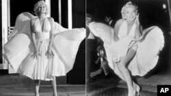 In this combination of photos, Ana de Armas as Marilyn Monroe in a scene from Blonde, left, and Marilyn Monroe posing on the set of "The Seven Year Itch" in New York on Sept. 9, 1954. (Netflix via AP , left, AP Photo/Matty Zimmerman)