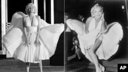 En esta combinación de fotografías, Ana de Armas como Marilyn Monroe en una escena de "Blonde", izquierda, y Marilyn Monroe posando en la filmación de "The Seven Year Itch" en Nueva York el 9 de septiembre de 1954. (Netflix vía AP, izquierda, AP Photo/Matty Zimmerman)