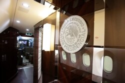 FILE - Mexico's official government seal is seen on a wall of the Mexican Air Force Presidential Boeing 787-8 Dreamliner at Benito Juarez International Airport in Mexico City, Mexico, Dec. 2, 2018.
