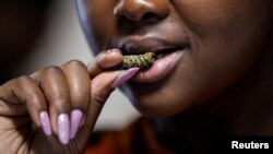 Seorang pelanggan, Gosiame Makoe, mencicipi cacing Mopane di Restoran Insect Experience di Cape Town, Afrika Selatan, 23 Agustus 2019. (Foto: Reuters)