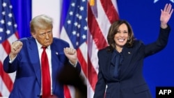  This combination of pictures created on September 09, 2024 shows, L-R, former US President and Republican presidential candidate Donald Trump dancing as he leaves the stage after speaking alongside former US Representative Tulsi Gabbard during a t