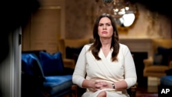 Gov. Sarah Huckabee Sanders, R-Ark., waits to deliver the Republican response to President Biden's State of the Union address, Feb. 7, 2023, in Little Rock, Arkansas. 