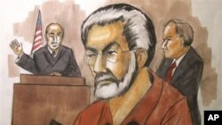 In this courtroom sketch from Jan. 6, 2010, businessman Tahawwur Rana, center, appears before Judge Matthew Kennelly in Chicago federal court.