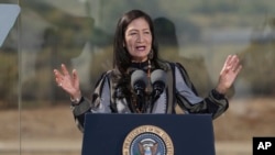 U.S. Interior Secretary Deb Haaland speaks at the Gila Crossing Community School, Oct. 25, 2024, in Laveen, Ariz.