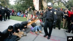 El agente de la policía de la Universidad de California rociando con gas pimienta a los estudiantes en noviembre de 2011.