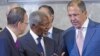A June 30, 2012 photo shows Kofi Annan, Joint Envoy of the U.N. and the Arab League for Syria (C), U.N. Secretary-General Ban Ki-moon (L), and Russian FM Sergei Lavrov at the United Nations, Geneva, Switzerland. 