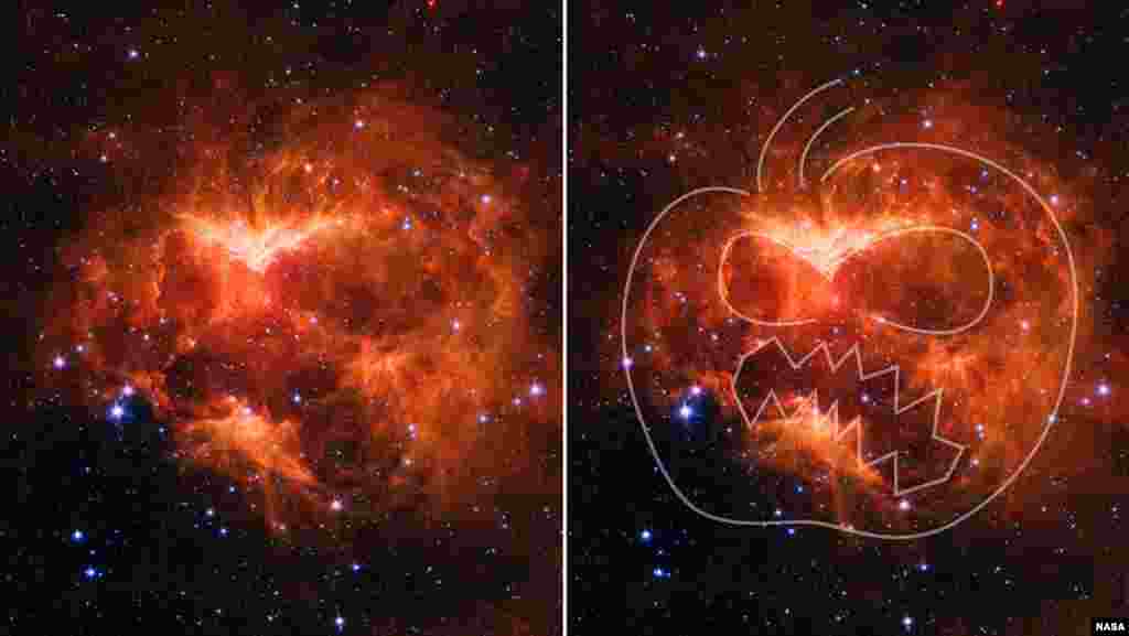 This infrared image from NASA&#39;s Spitzer Space telescope shows a cloud of gas and dust carved out by a massive star. A drawing overlaid on the image reveals why researchers nicknamed this region the &quot;Jack-o&#39;-lantern Nebula.&quot; (combo created by VOA)
