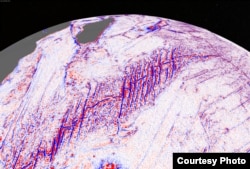 The Southwest Indian Ridge is the slowest spreading ridge on the Earth and has large fracture zone signatures that record the rifting and spreading between Africa and Antarctica. (Credit: David Sandwell, Scripps Institution of Oceanography)