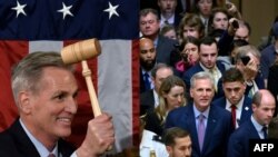 Kevin McCarthy, memegang palu setelah terpilih sebagai Ketua DPR AS pada pemungutan suara ke-15 di Gedung Capitol, Washington, DC, 7 Januari 2023 (kiri), dan McCarthy keluar dari DPR setelah digulingkan dari jabatannya, 3 Oktober 2023. (OLIVIER DOULIERY dan Mandel NGAN/AFP)