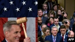 FILE - This combination of pictures shows newly elected Speaker of the US House of Representatives Kevin McCarthy (L) after he was elected at the US Capitol on January 7, and walking home from the House Chamber after he was ousted as Speaker at the US Capitol on October 3.