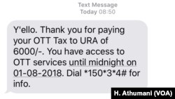 A screen shot of a message from a service provider in Uganda indicating payment of the new Social Media tax.