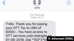 Capture d'écran d'un message d'OTT, un fournisseur de téléphonie en Ouganda indiquant l'obligation de paiement de la nouvelle taxe sur les médias sociaux.