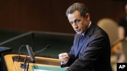 French President Nicolas Sarkozy, addresses the 66th session of the United Nations General Assembly at U.N. headquarters Sept. 21, 2011.