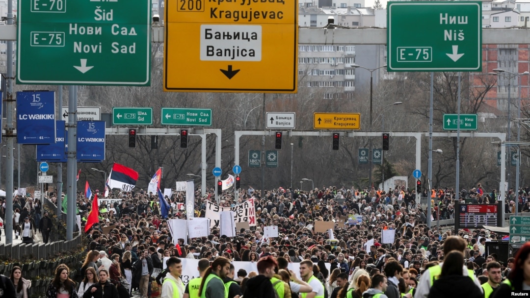 Belgrade University students protest against the government, in Belgrade