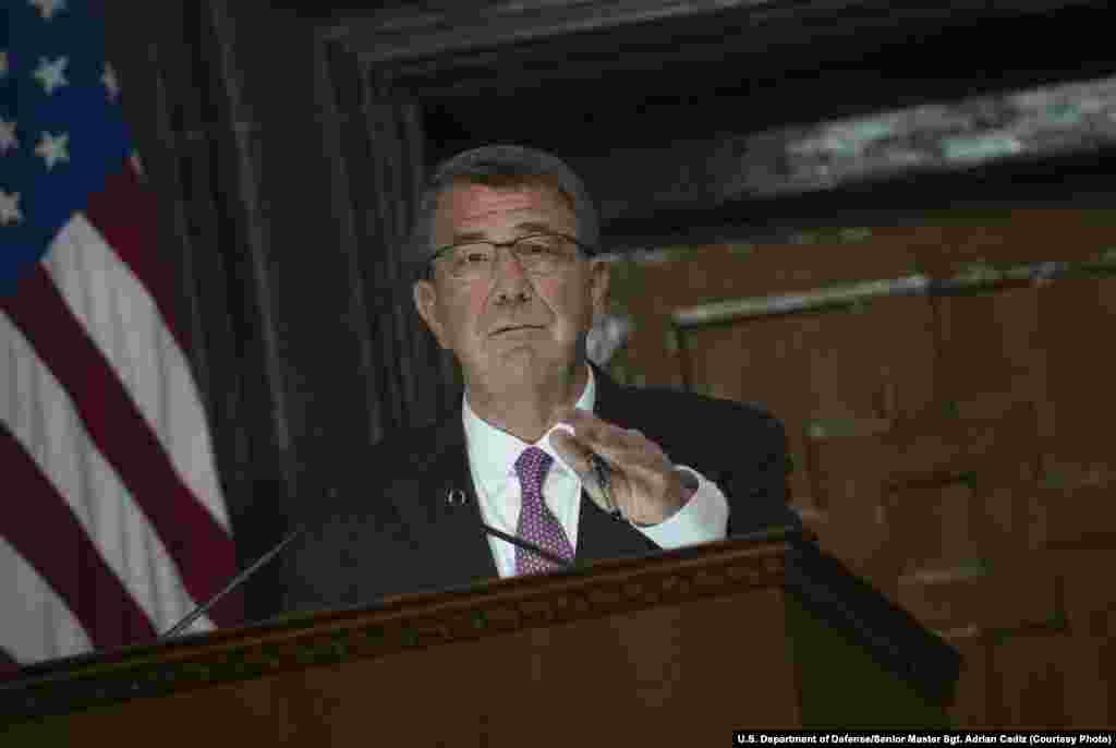 U.S. Secretary of Defense Ash Carter speaks at a joint news conference with Indian Defense Minister Manohar Parrikar in New Dehli, India, April 12, 2016. Carter is visiting India to solidify the rebalance to the Asia-Pacific region. 