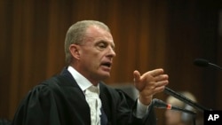 State prosecutor Gerrie Nel, questions Oscar Pistorius in court in Pretoria, South Africa, Apr. 15, 2014. 