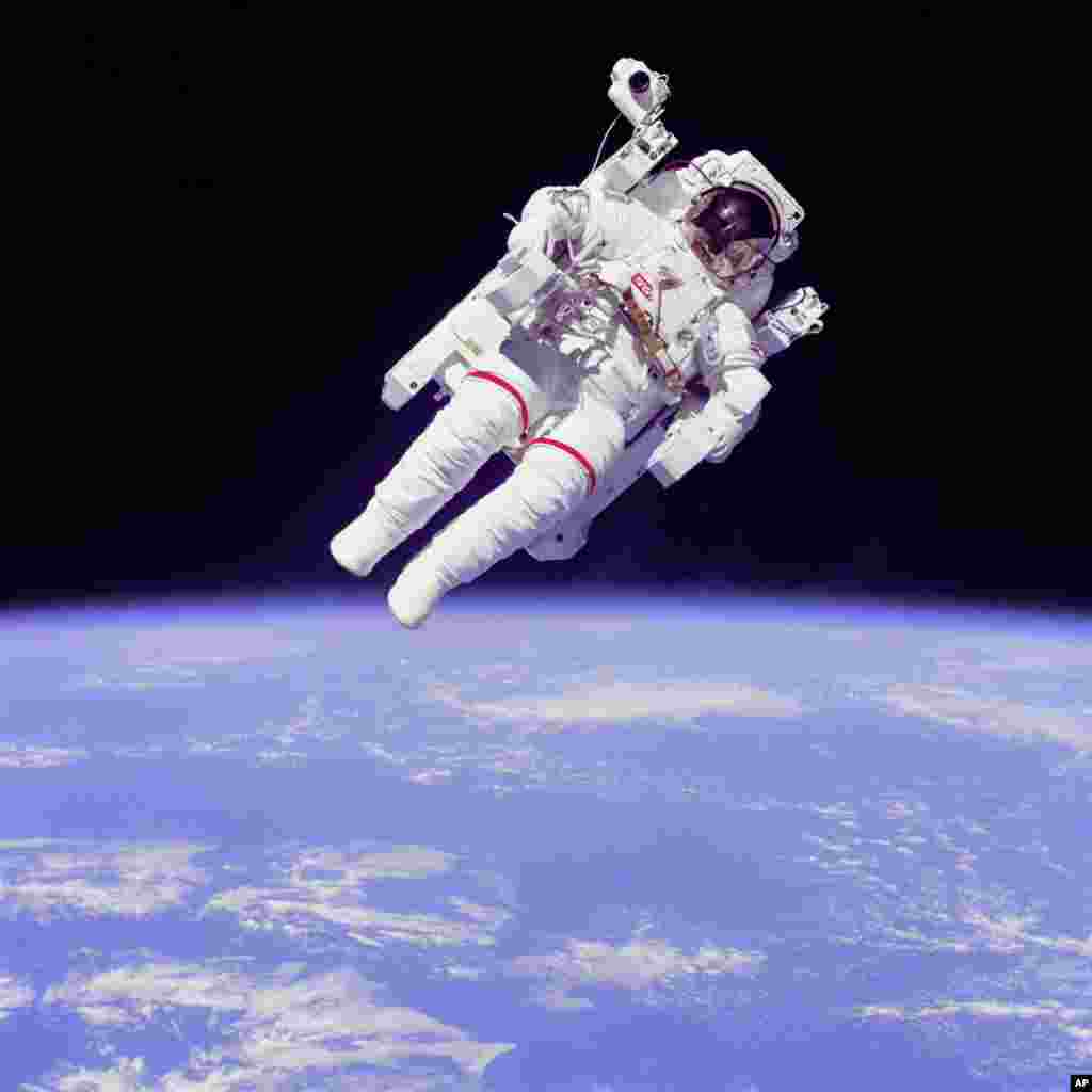 1984: Mission Specialist Bruce McCandless II ventured further away from the safety of his ship than any previous astronaut ever has. This was made possible by the Manned Manuevering Unit or MMU, a nitrogen jet propelled backpack. After a series of test ma