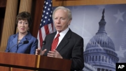Senate Homeland Security Committee Chairman Sen. Joseph Lieberman, I-Conn., right, speaks during a news conference on Capitol Hill in Washington, December 31, 2012, to discuss the committee's report on the security deficiencies at the temporary U.S. Missi