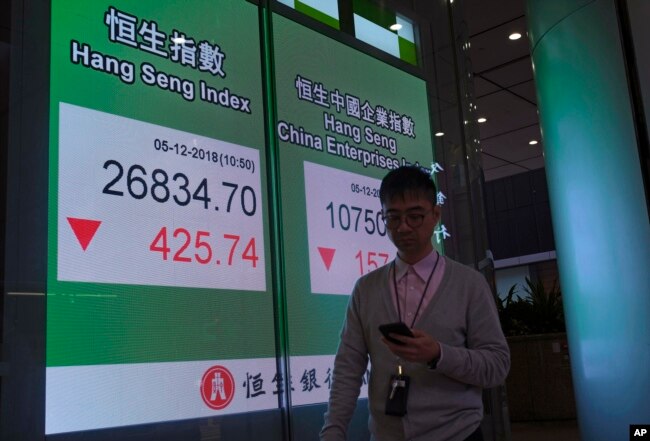 A man walks past an electronic board showing Hong Kong share index outside a local bank in Hong Kong, Dec. 5, 2018.
