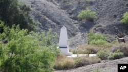 Boundary Monument 1, a historic U.S.-Mexico border marker, is seen from Sunland Park, N.M., April 24, 2019. This unfenced area of the border west of the Rio Grande was shown in videos shot by the United Constitutional Patriots.