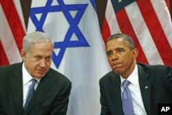FILE - U.S. President Barack Obama (R) meets Israel's Prime Minister Benjamin Netanyahu at the United Nations in New York, Sept. 21, 2011.
