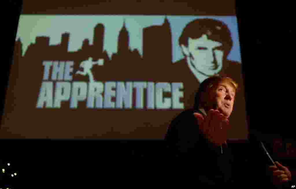 FILE - In this July 9, 2004 file photo, Donald Trump, seeking contestants for "The Apprentice" television show, is interviewed at Universal Studios Hollywood in the Universal City section of Los Angeles. (AP Photo/Ric Francis, File)