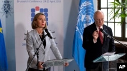 European Union foreign policy chief Federica Mogherini, left, and U.N. Special Envoy for Syria Staffan de Mistura participate in a media conference after a meeting on 'Supporting the future of Syria and the region' at the Egmont Palace in Brussels, April 24, 2018.