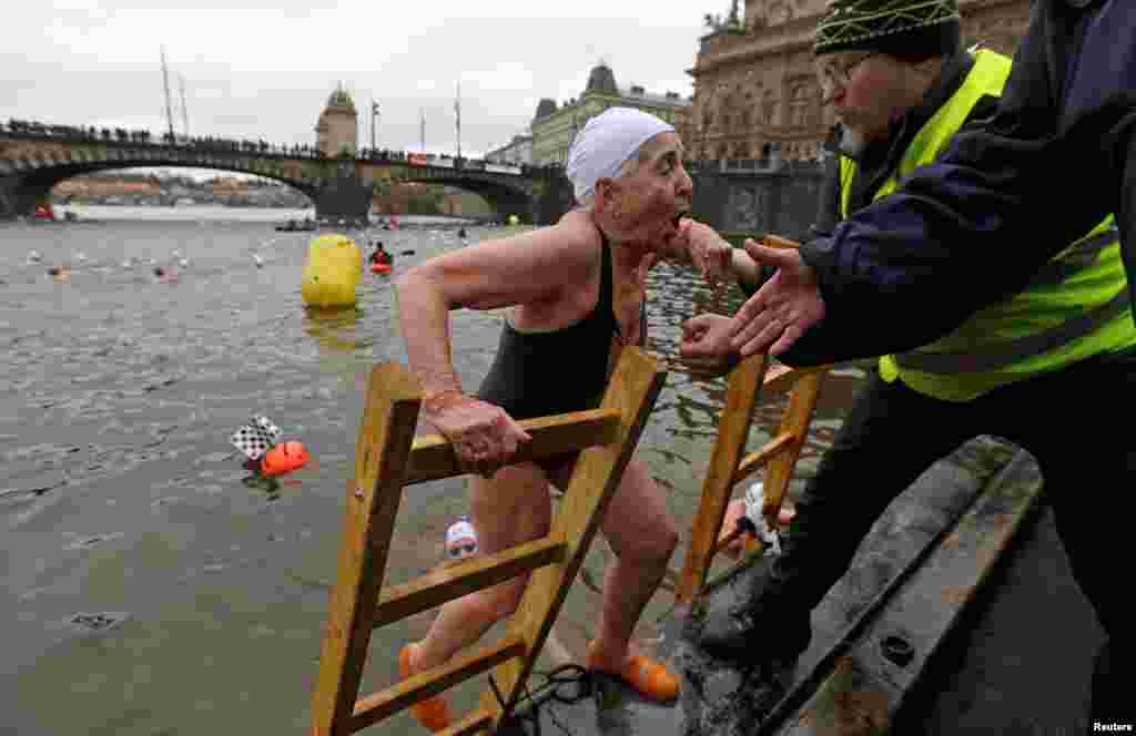 A swimmer is helped out of the Vltava river after the annual Christmas winter swimming competition in Prague, Czech Republic.