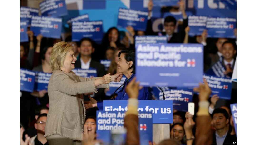 FILE - Democratic presidential candidate Hillary Clinton, left, greets Rep. Judy Chu of California before addressing Asian-American and Pacific Islander supporters in San Gabriel, Calif., Jan. 7, 2016.