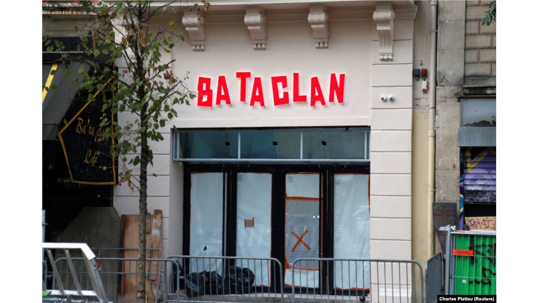 FILE - The new facade of the Bataclan concert hall is seen after months of renovations at the site almost one year after a series of attacks at several sites in Paris, France, France, Oct. 27, 2016.