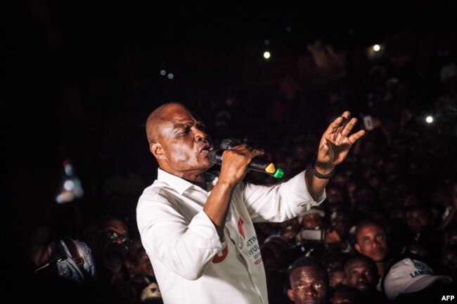 Democratic Republic of Congo joint opposition presidential candidate Martin Fayulu delivers a speech in front of his supporters in Beni, Dec. 5, 2018.