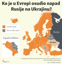 Infografika prikazuje da je Srbija ostala jedina zemlja, osim Belorusije, koja nije osudila rusku agresiju na Ukrajinu (Foto: Radio Slobodna Evropa)