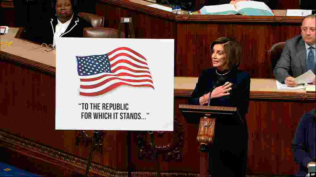 House Speaker Nancy Pelosi speaks as the House of Representatives debates the articles of impeachment against President Donald Trump, at the Capitol in Washington, Dec. 18, 2019. 