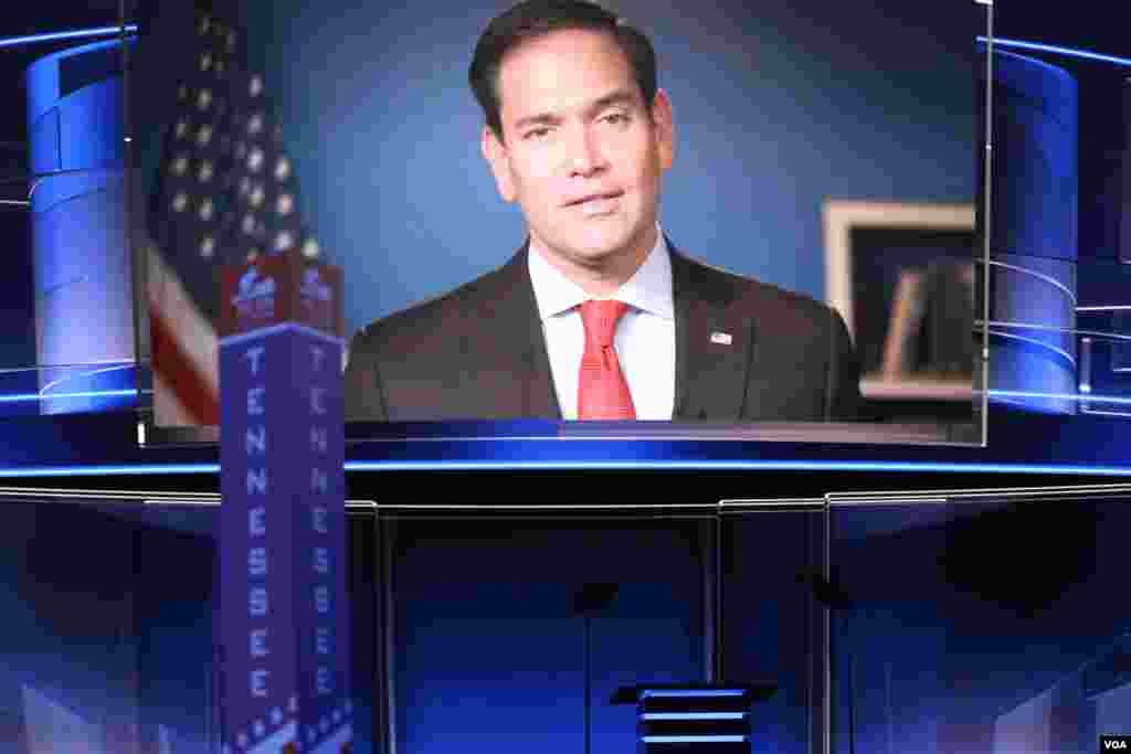 Florida Senator Marco Rubio spoke to Republican National Convention delegates via video in Cleveland, Ohio, July 20, 2016. (Photo: Ali Shaker / VOA ) 