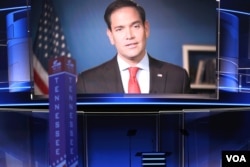 FILE - Florida Senator Marco Rubio spoke to Republican National Convention delegates via video in Cleveland, Ohio, July 20, 2016. (Photo: Ali Shaker / VOA )