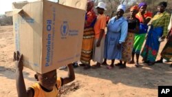 FILE: A young boy carries a box with items distributed by the United Nations World Food Programme in Mwenezi, about 450 kilometers (280 miles) south of Harare, Zimbabwe, Wednesday, Sept. 9 2015. 