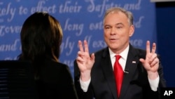 Democratic vice-presidential nominee Sen. Tim Kaine gestures during the debate