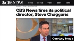 A screenshot of CBS News Web site announcing the firing of its political director, Steve Chaggaris, for "inappropriate behavior," Thursday, Jan. 4, 2018.